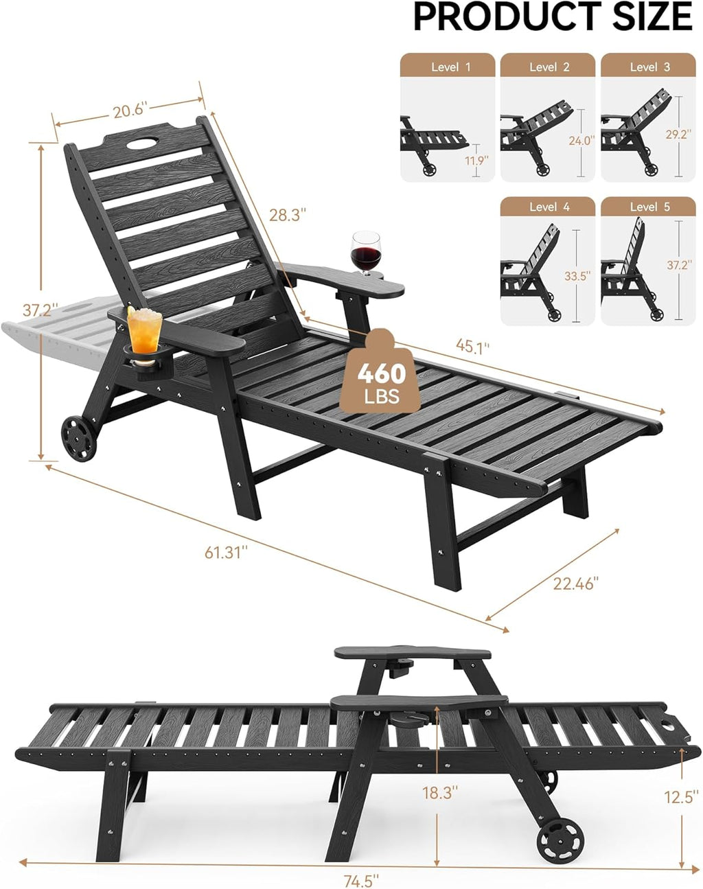 Carauci Lounge Chair Outdoor, HDPE Chaise Lounge with Wheels, 5-Position Adjustable Backrest & 2 Cup Holders Patio Lounge Chair, All-Weather Pool Sun Lounger for Poolside, Backyard, Black