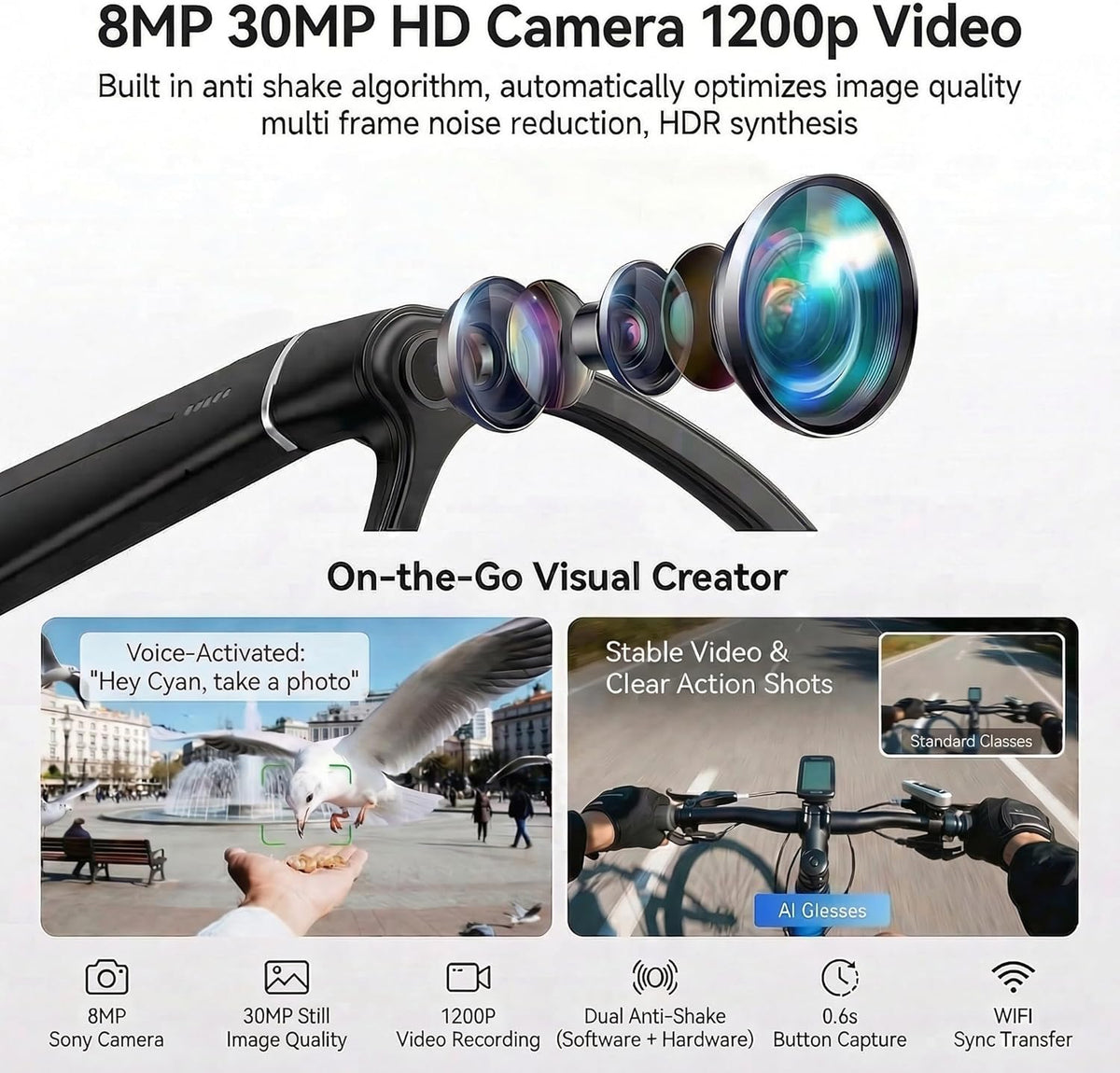 Enhanced Smart Glasses with 3600mAh Charging Case | 30MP Photo & 1200P Video Recording | AI-Powered Translation Glasses for Outdoor Sports, Travel, and Business (matt Black)