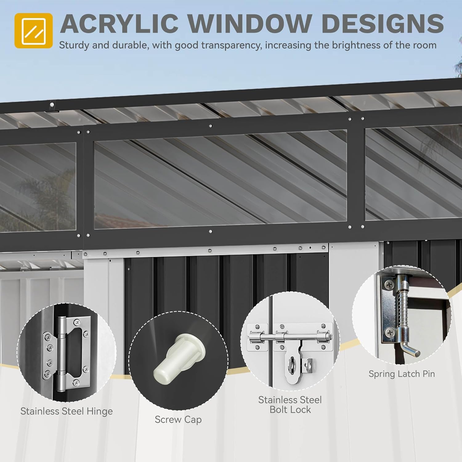 DWVO 9x4 FT Outdoor Storage Shed with Acrylic Windows, Utility Tool Shed Metal Storage Garden Shed with Door & Lock for Bike Storage, Waterproof Trash Shed for Backyard Garden Patio, Dark Dray