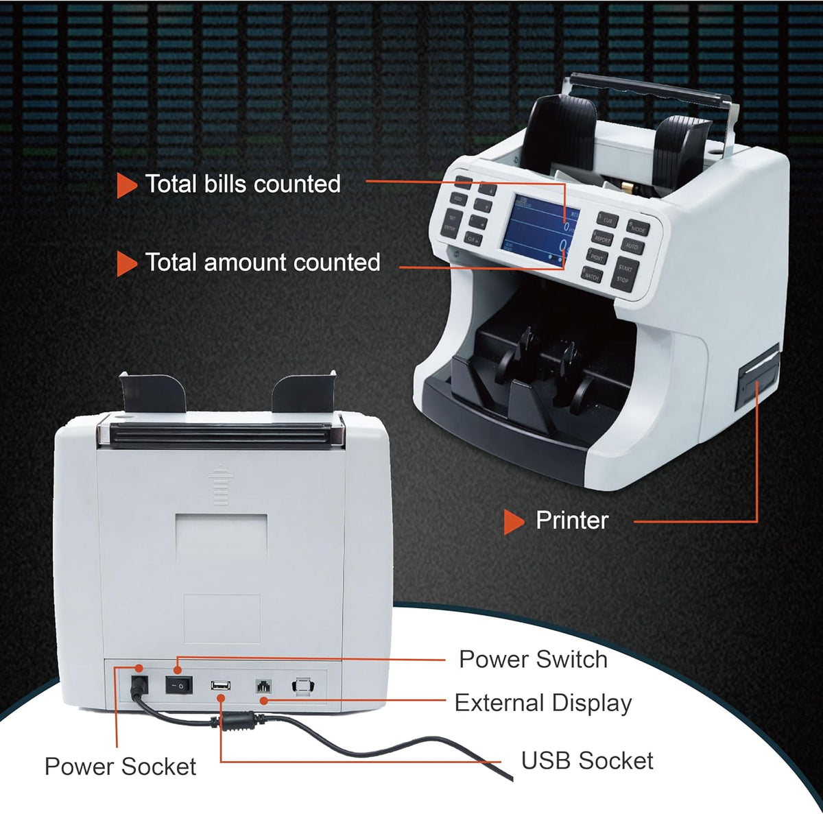 H-8700 Bank Grade Mixed Denomination Money Counter Machine, IMG/WL/UV/MG/IR/DD Counterfeit Detection, Bill Counter, Currecny Cash Counter, 3.5inch TFT Disaplay, Built-in Printer