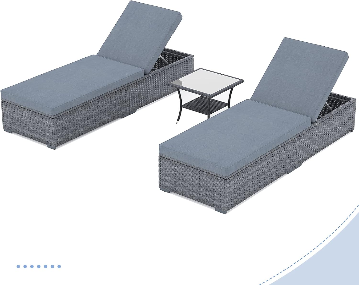 JOIVI Outdoor Chaise Lounge Chair, 3 Piece Patio Lounge Chairs with Glass Top Wicker Coffee Table for Outside, Rattan Reclining Chaise Lounger with Adjustable Backrest and Gray Cushion, Gray PE Wicker