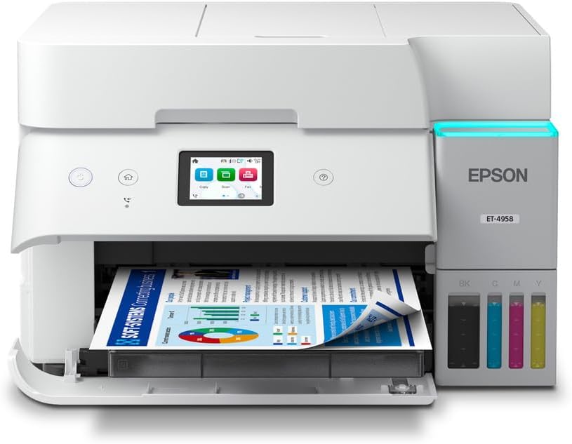 Epson EcoTank ET-4958 Wireless All-in-One Color Supertank Printer, Refillable Tanks, 2.4" Color Touchscreen, Auto Document Feeder, Auto Duplex Print/Copy, Scan, 250-Sheet Paper Tray – White