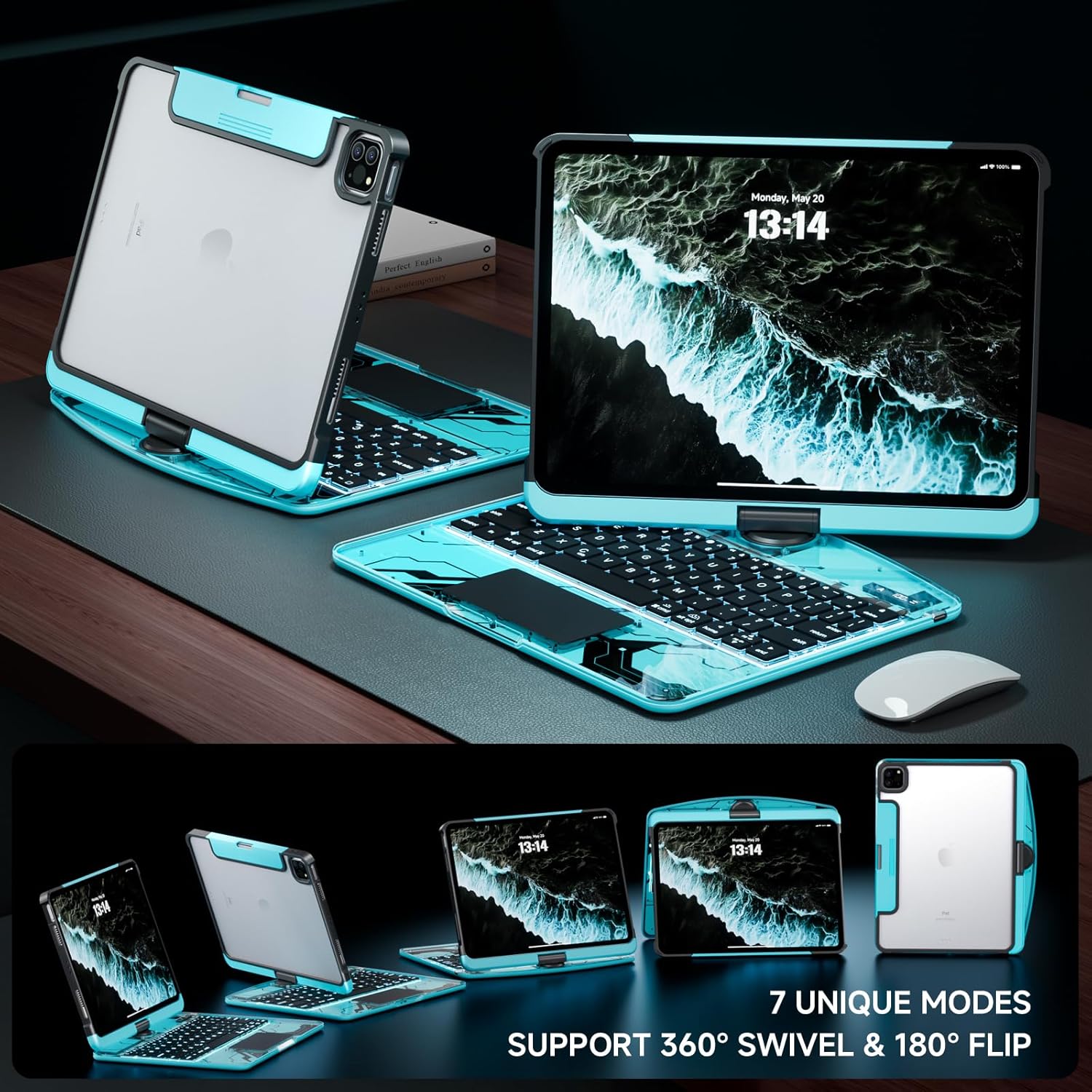 Transparent Case with Keyboard for iPad Pro 13 inch(M5/M4, 2025/2024), iPad Pro 13,7-Color Backlit,Magic Wireless Keyboard, 360°Rotating,Multi-Touch trackpad,Pencil Holder,with Shortcuts,Blue