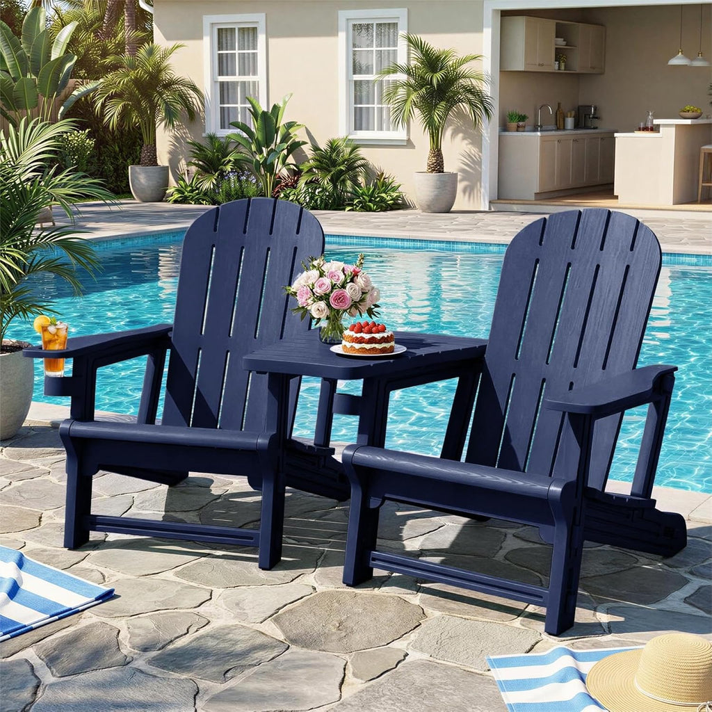 JY QAQA Outdoor Adirondack Chair Set of 2, All-Weather HDPE Patio Furniture with Detachable Table, Wood Texture & Cup Holder for Patio, Poolside, Garden, Dark Blue