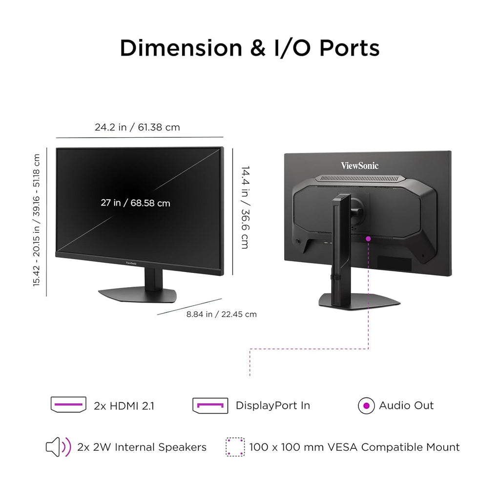 ViewSonic VX2730D-4K 27 Inch 4K Gaming Monitor, IPS with Switchable Refresh Rate at 288Hz and 0.5ms for Smooth Gameplay, FreeSync Premium, Eye Care Technology, Advanced Ergonomics, HDMI, and DP Inputs