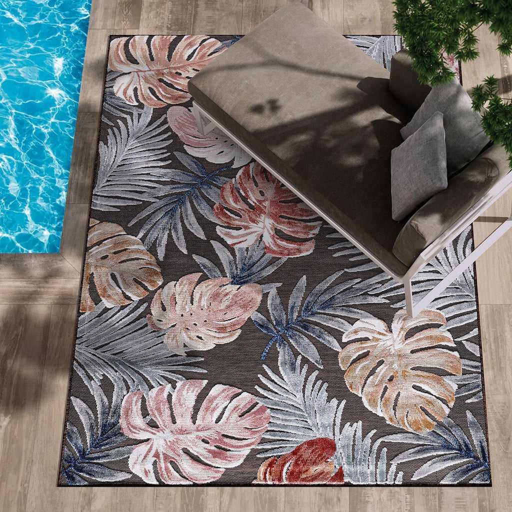 CAMILSON Indoor Outdoor Rug, Brown 6'x9' Leaf Tropical Botanical Area Rugs for Indoor and Outdoor patios, Easy-Cleaning Non-Shedding Living Room, Garden and Kitchen Washable Outside Carpet (6x9)