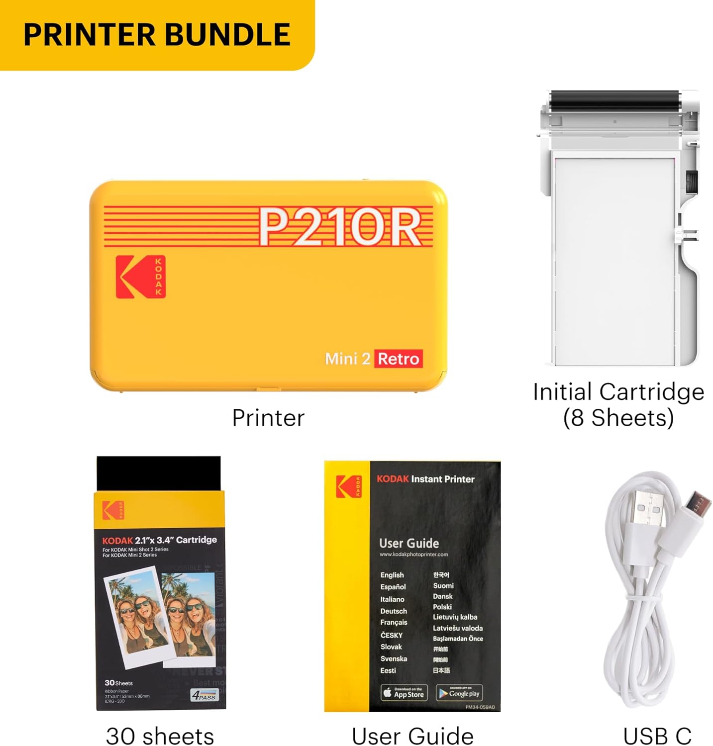 KODAK Mini 2 Retro 2x3 Portable Photo Printer, 38 Sheets, Bluetooth Smartphone Printer for iPhone & Android, Instant Color Prints, 4PASS Dye Sublimation, Yellow