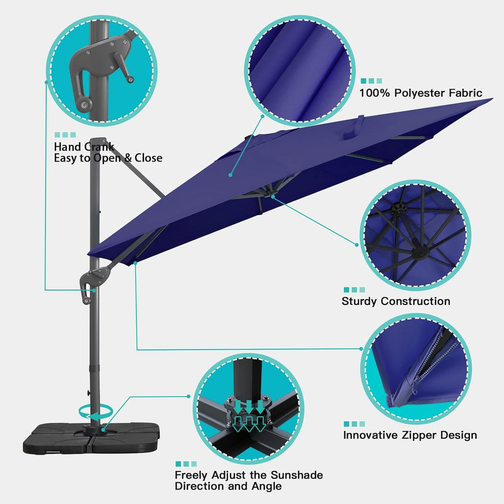 Sunnyglade 10x13Ft Cantilever Patio Umbrella Rectangular Deluxe Offset Umbrella 360°Rotation & Integrated Tilting System Patio Hanging Umbrella for Market Garden Deck Pool Backyard Patio(Navy)