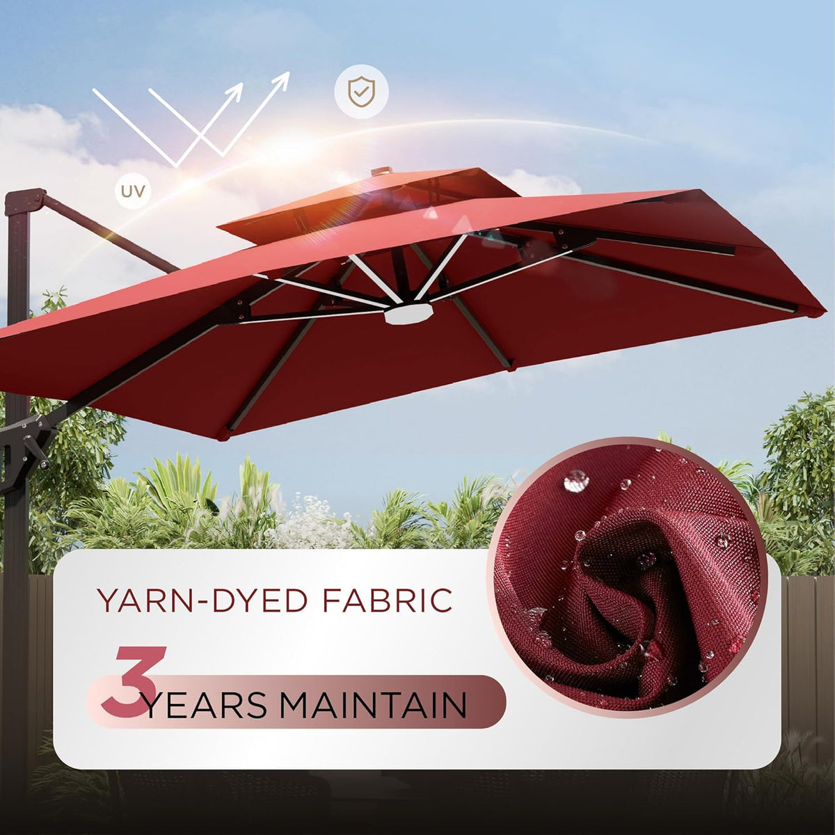 10' X 13' Patio Umbrella with LED Lights Outdoor Cantilever Large Rectangle Offset Umbrellas Heavy Duty Aluminum Double Top with 360-degree Rotation for Pool Garden Deck, Red