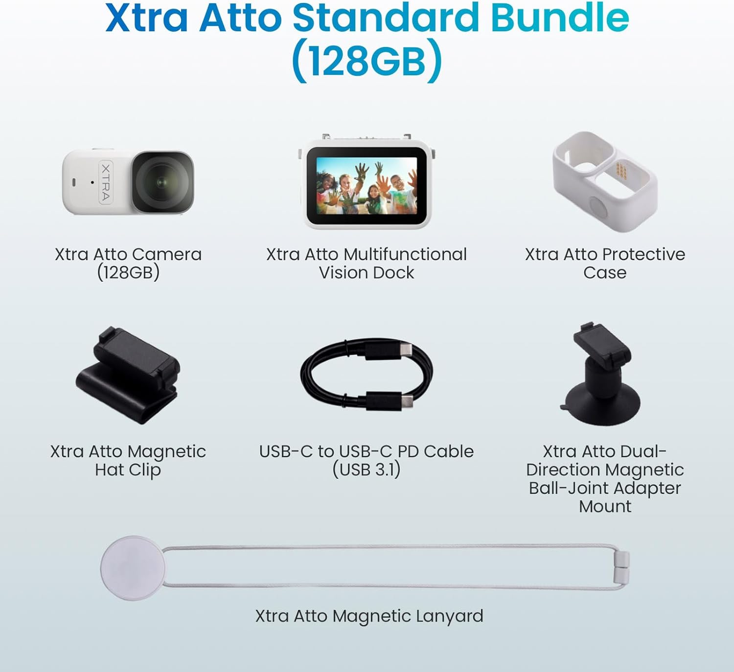 Xtra Atto Wearable 4K Action Camera (128GB), 54 g, Light and Compact, 1/1.3″ Sensor, 4K/60fps Video, 220‑Min Max Recording, 5-Min Pre-Recording, Built-in Stabilization, 600MB/s Fast Transfer