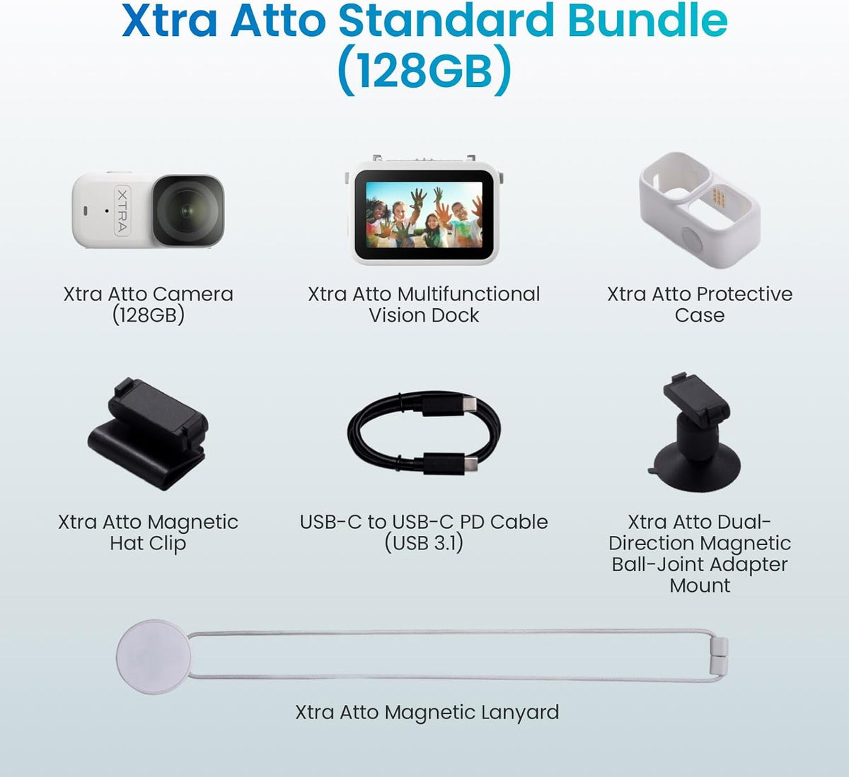 Xtra Atto Wearable 4K Action Camera (128GB), 54 g, Light and Compact, 1/1.3″ Sensor, 4K/60fps Video, 220‑Min Max Recording, 5-Min Pre-Recording, Built-in Stabilization, 600MB/s Fast Transfer