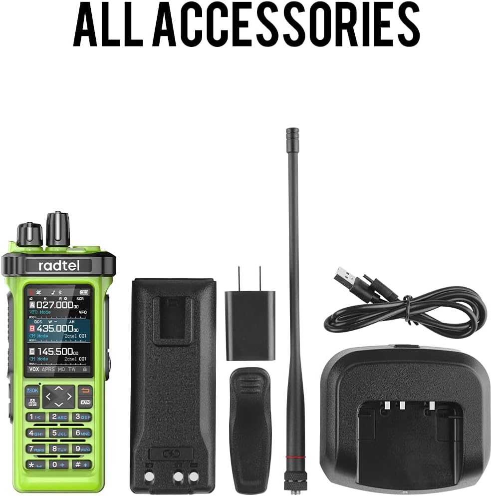 Radtel RT-950 PRO Ham Radio TX GPS/APRS, 10W Walkie Talkie Long Range Handheld Two Way Radio, AM/FM/CB/SW/MW/LW RX, Bluetooth APP Programming, NOAA, Spectrum Analyzer .Green (with Programming Cable)