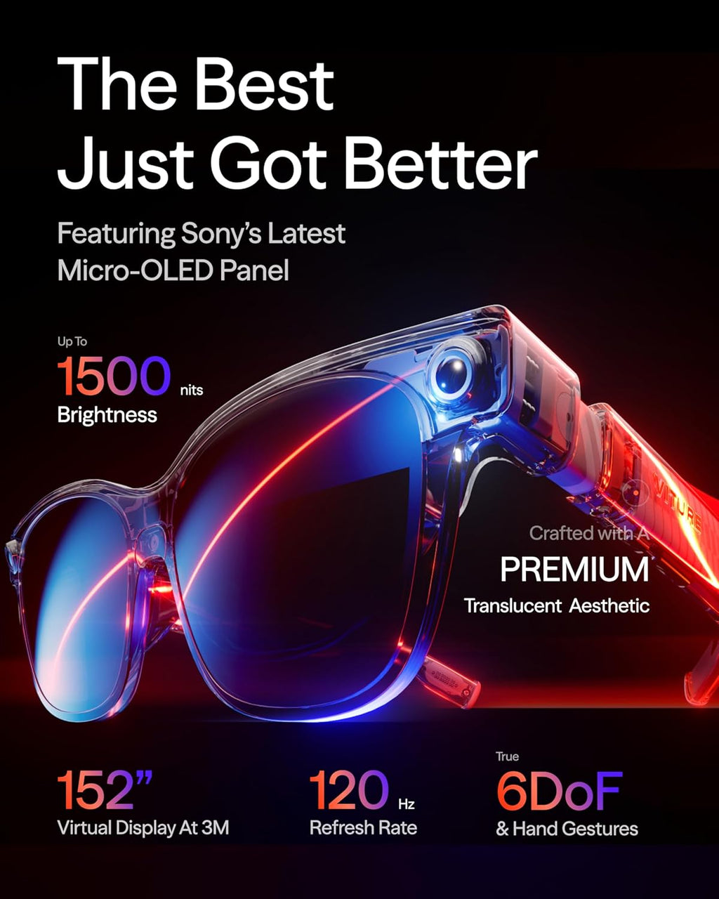VITURE Luma Ultra XR Glasses, 152'' 1500 Nits 6DoF AR Glasses, 52° FOV, 2D to 3D, Electrochromic Film, Myopia Adjustments, Gaming Smart Glasses for iPhone 17/16/15 PS5 PS4 Switch 2 Android Mac PC