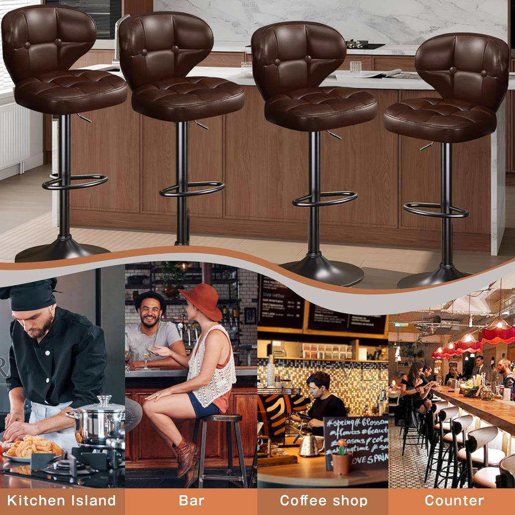 Bar Stools Set of 4, Adjustable Swivel Bar Chairs with 360° Rotation, Padded Counter Stools with Back and Footrest for Kitchen Island, Bistro, Cafe, and Home Use Brown-4PCS