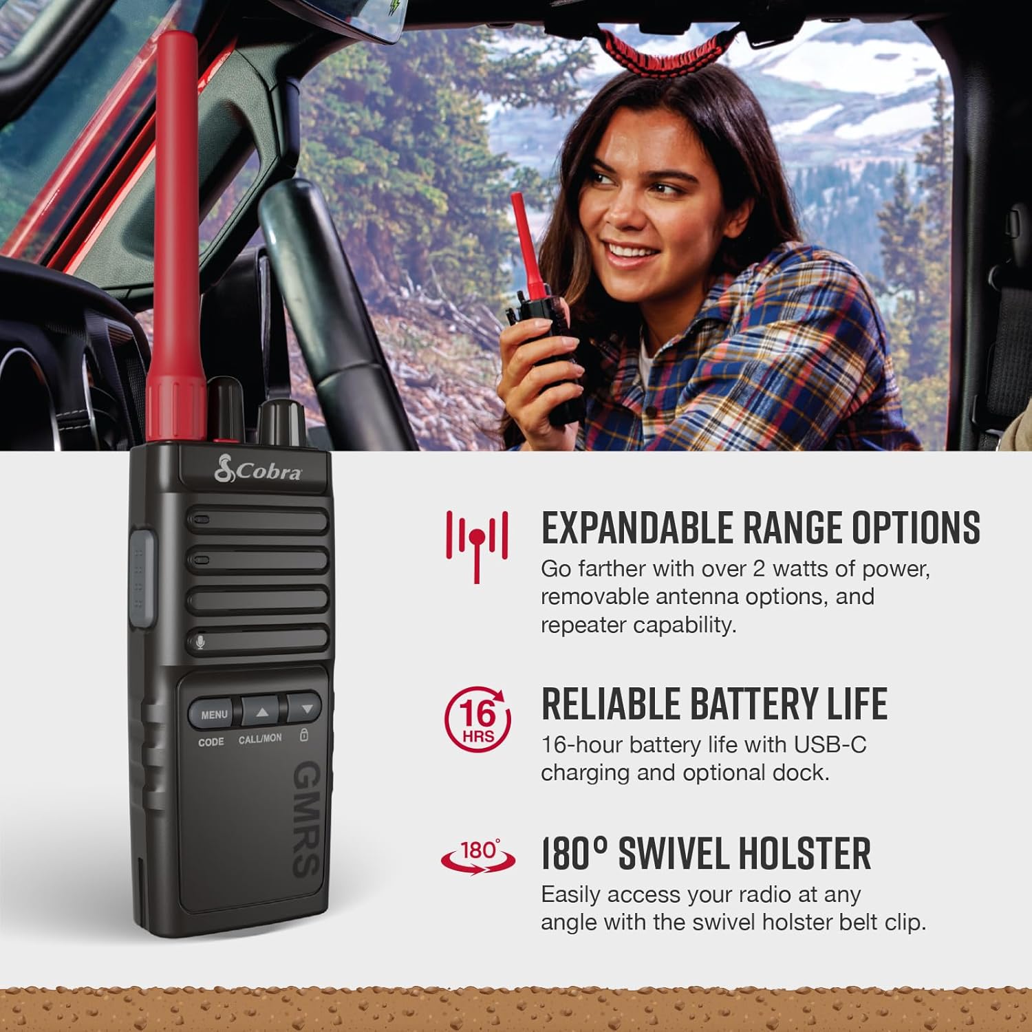 Cobra TrailBlazer 500 GMRS Radio (2-Pack) – IP54 Rugged No-Display Design, 2.5W Long Range Walkie Talkies, 16hr Battery, Swivel Holster, Programmable Software, Removable Antenna, Repeater Compatible