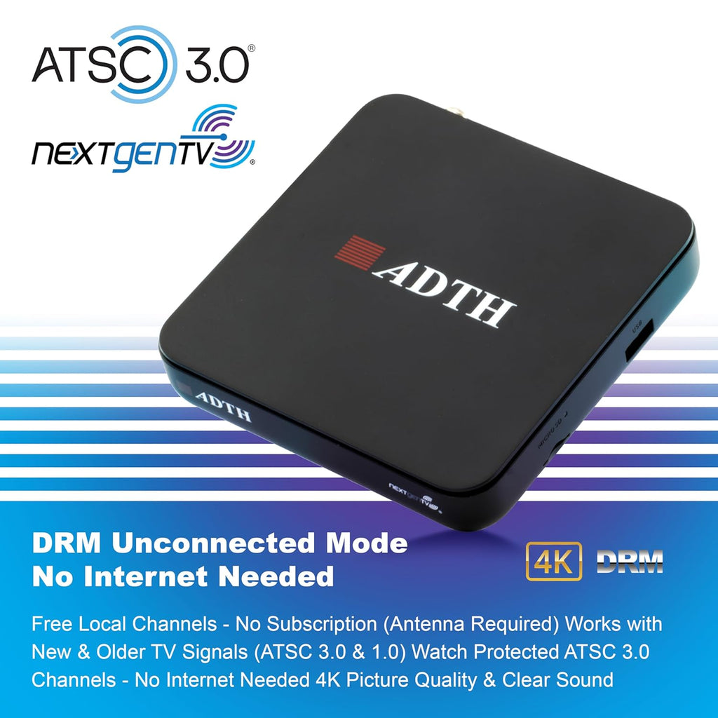 ADTH NextGen TV Box Gen 2 ATSC 3.0 & ATSC 1.0 Digital Converter Box | 8GB Built-in Storage | Over-the-Air TV Tuner & Receiver | 4K HDR | Wi-Fi & Bluetooth | Built-in DVR Recording