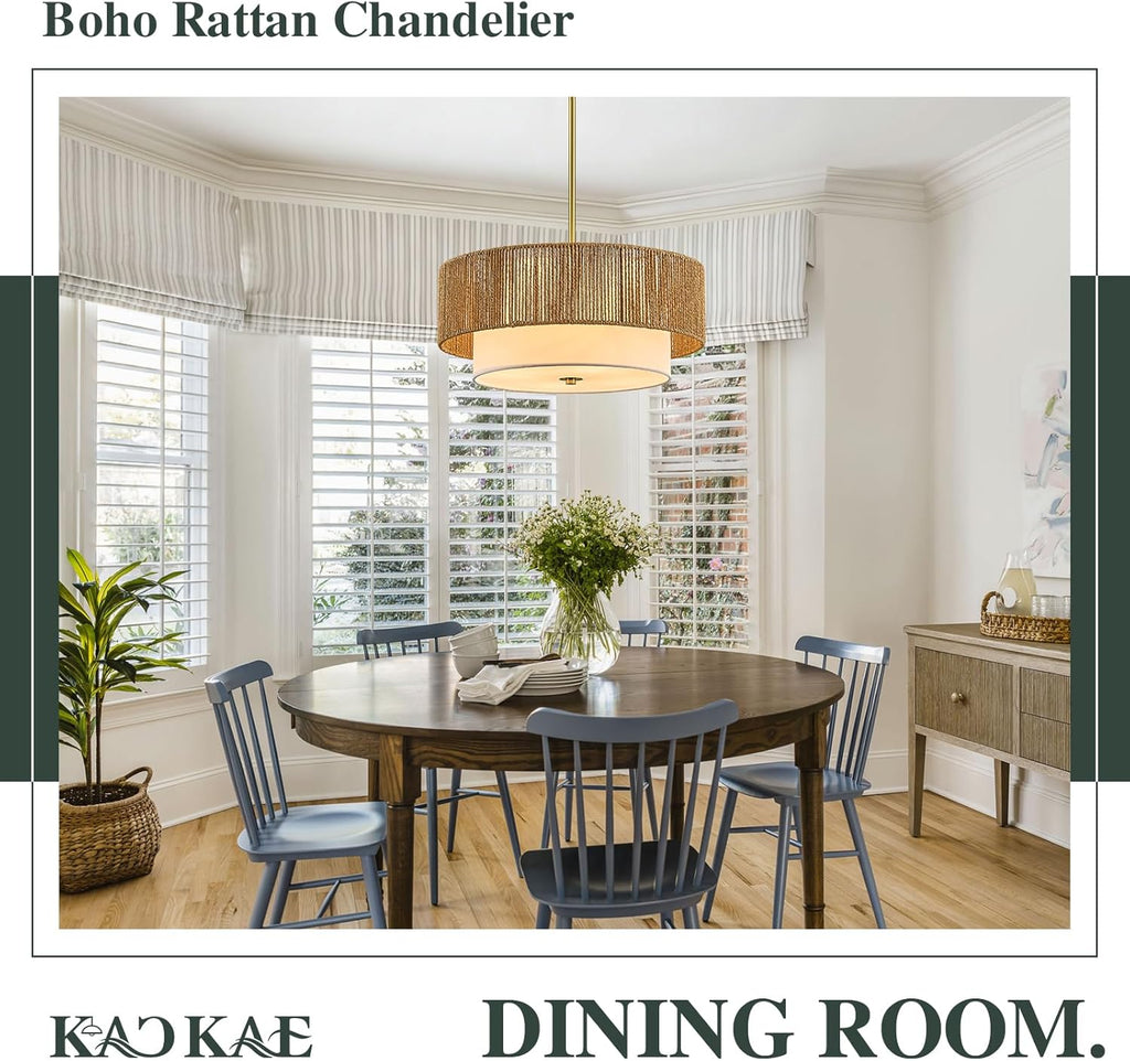 Boho Rattan Chandelier 18'' Gold Hand Woven Chandeliers with Fabric Shade 4-Light Drum Pendant Light Fixture for Dining Room Bedroom Kitchen Hallway Foyer