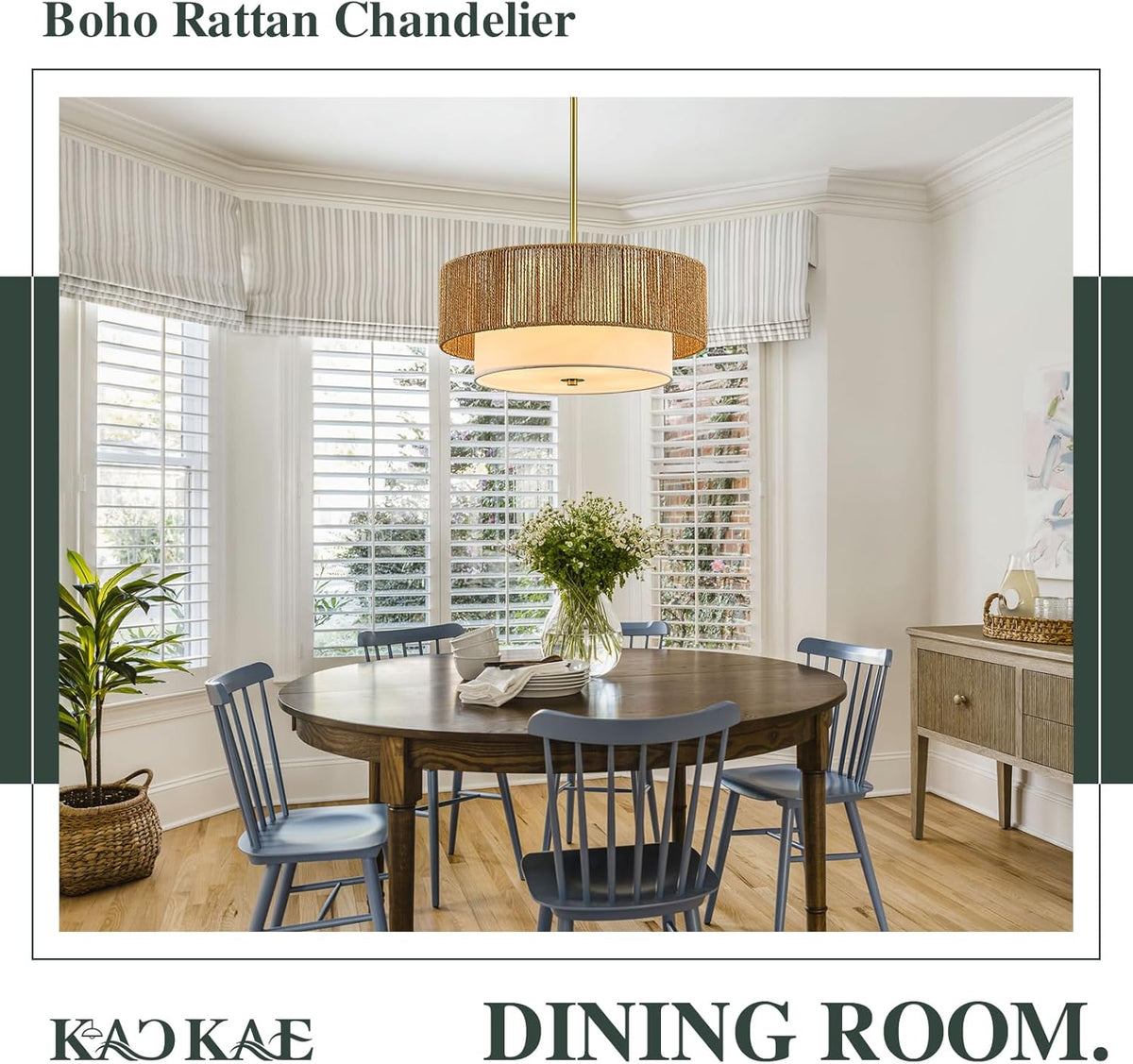 Boho Rattan Chandelier 18'' Gold Hand Woven Chandeliers with Fabric Shade 4-Light Drum Pendant Light Fixture for Dining Room Bedroom Kitchen Hallway Foyer