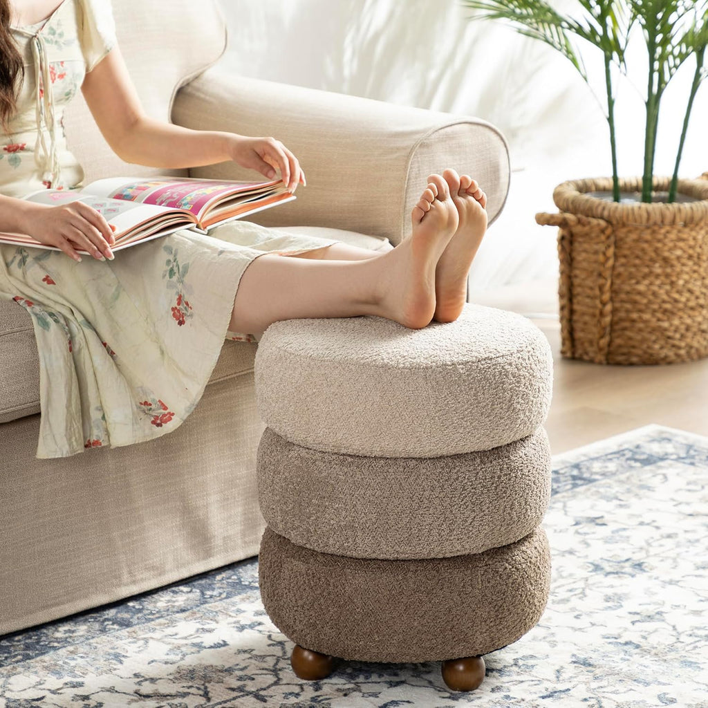 Glitzhome Round Ottoman with Storage, Small Foot Stool, Modern Accent Stool Upholstered Vanity Stool with Rubberwood Ball Feet for Bedroom Living Room Dorm Room, Gradient Brown