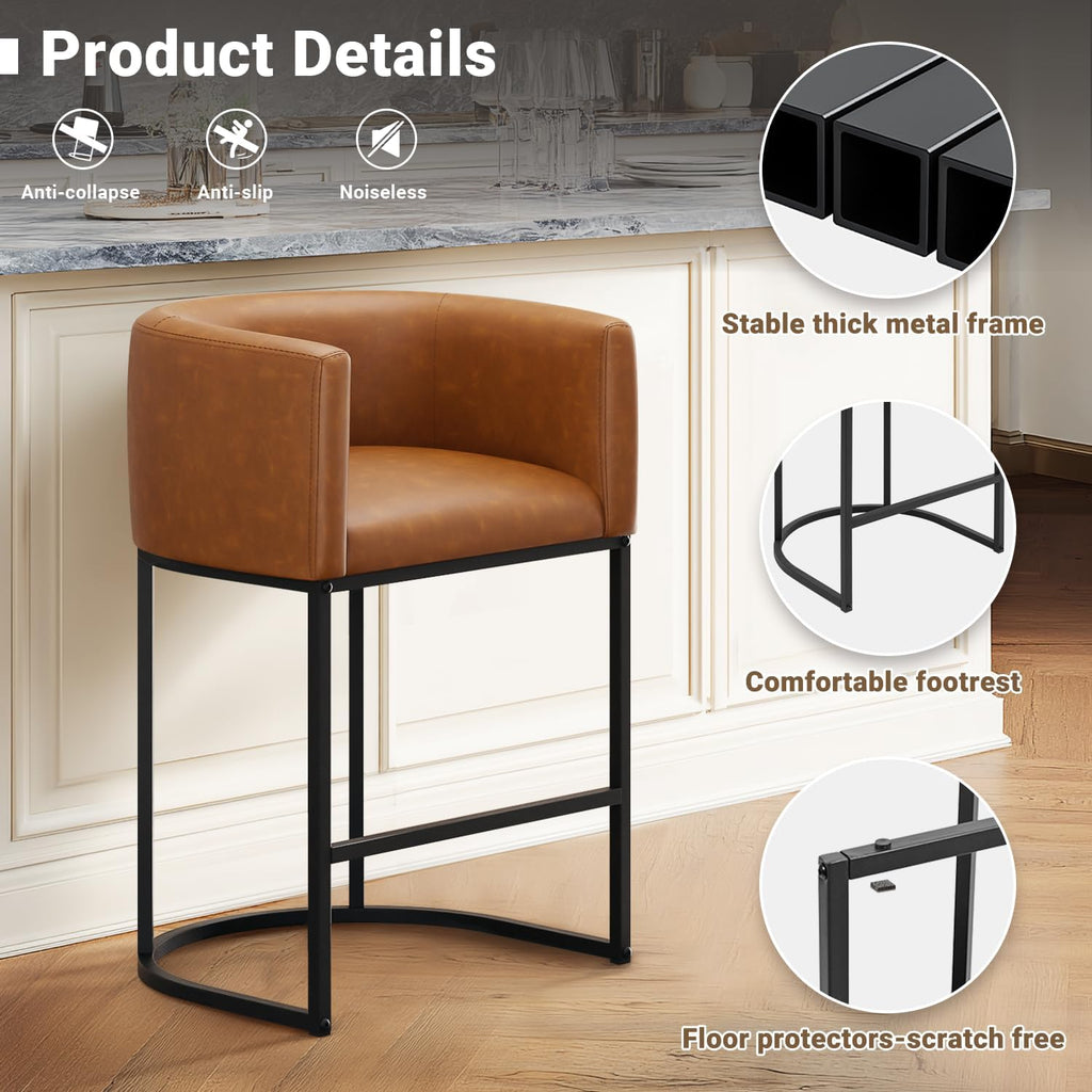 26" H Counter Height Bar Stools Set of 4, Modern Barrel Counter Stools with Backrest and Arms, Faux Leather Upholstered Accent Barstools for Kitchen Island,Support 450 LBS (Walnut Brown