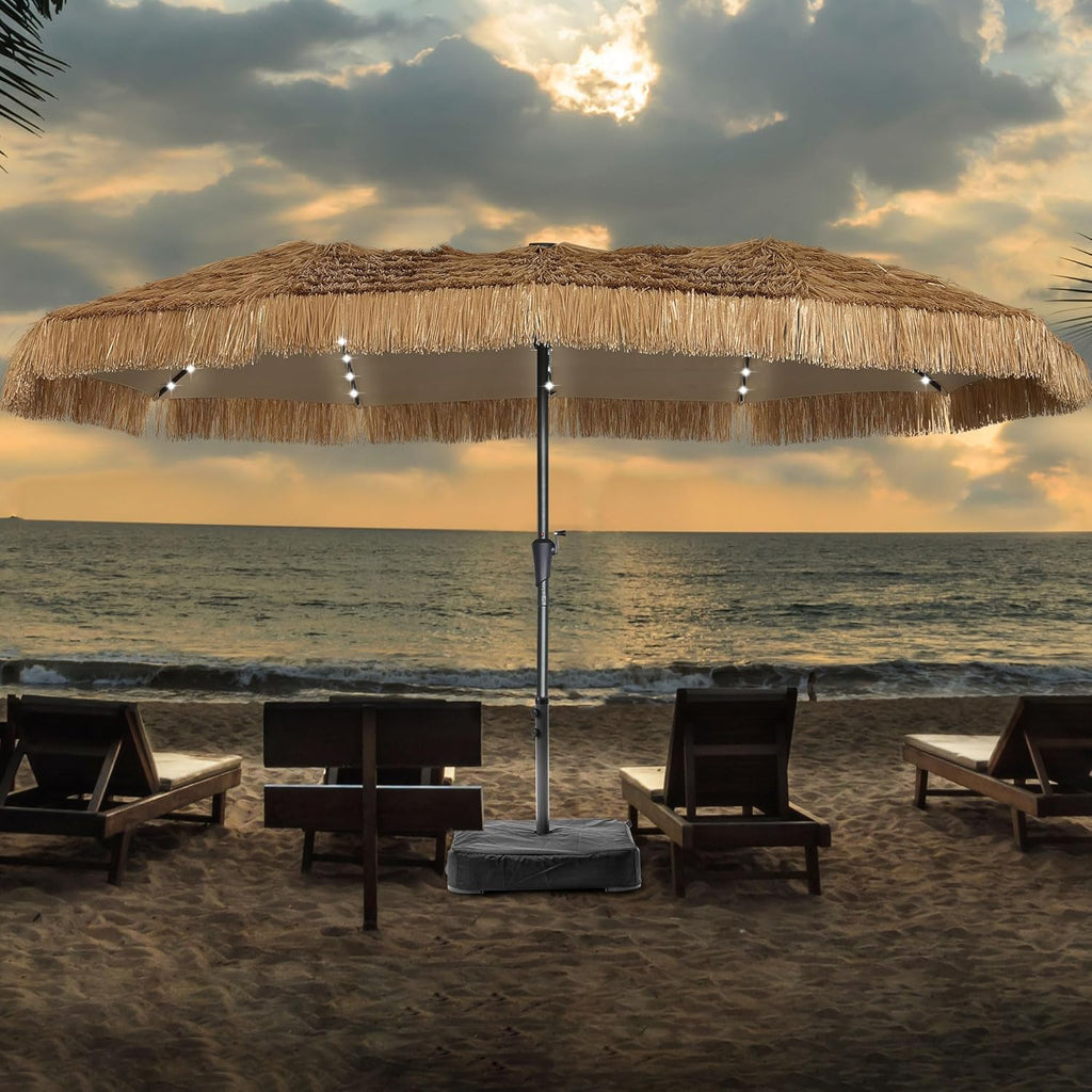 15 ft Patio Tiki Umbrella with 48 LED Lights, Large Rectangle Outdoor Solar Umbrella with Matching Base for Market, Beach, Garden, Yard