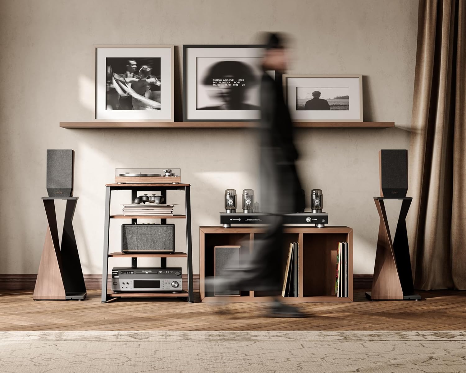 FITUEYES Design 4-Tier AV Media Stand Corner Shelf for Record Player Wooden Stereo Cabinet Audio Rack Tower with Height Adjustable Wooden Shelves for ps4 (Walnut)