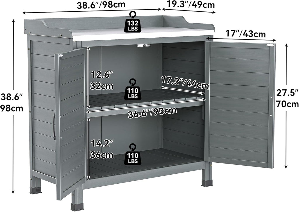 YITAHOME Outdoor Garden Potting Bench with Storage Cabinet, Metal Tabletop & Removable Shelf, Wooden Planting Workstation for Patio, Garden, Yard (Grey)
