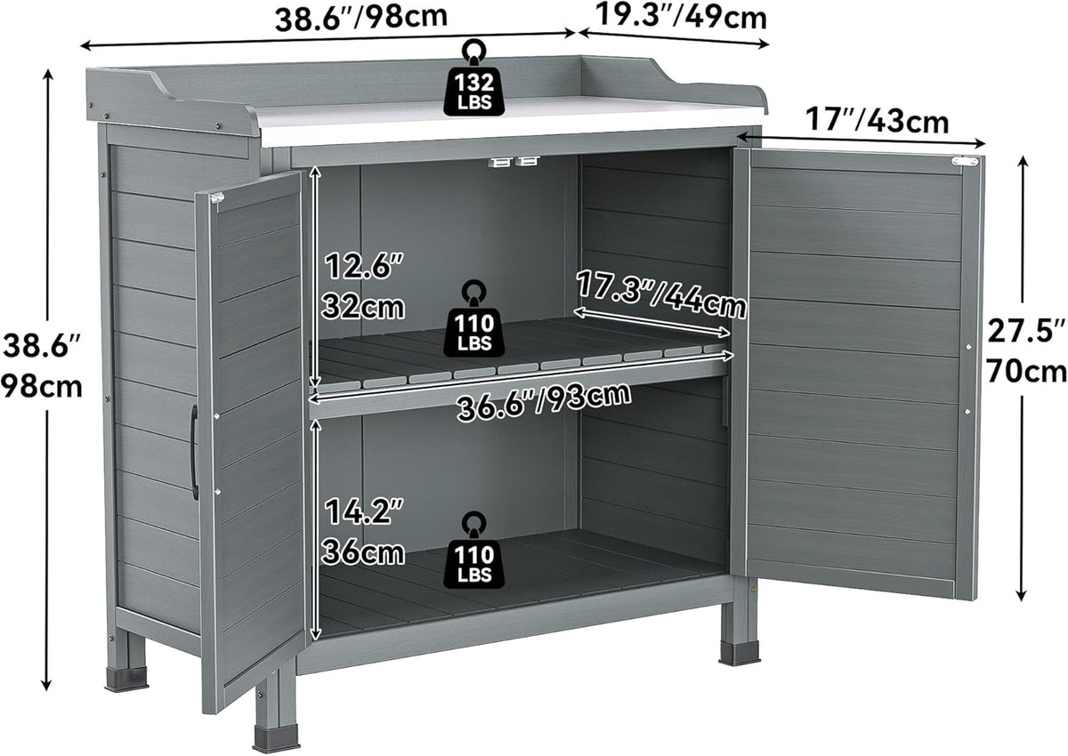 YITAHOME Outdoor Garden Potting Bench with Storage Cabinet, Metal Tabletop & Removable Shelf, Wooden Planting Workstation for Patio, Garden, Yard (Grey)