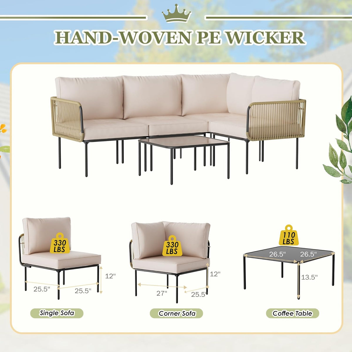 Patio Furniture Set, 5 Piece Outdoor Patio L-Shaped Conversation Set with Cushions and Table, All-Weather Rattan Woven Sectional Sofa for Backyard, Porch, Boho Detachable Lounger (Beige)