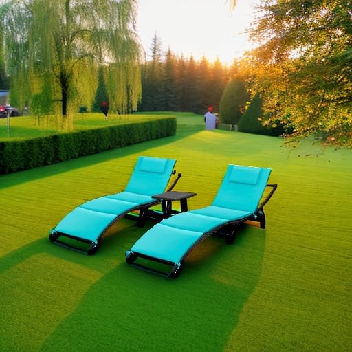 GUNJI Lounge Chairs for Outside 3 Pieces Patio Adjustable Chaise Lounge Outdoor Wicker Lounge Chairs Set of 2 with Table Folding Chaise Lounger for Poolside, Deck, Lawn (Blue)