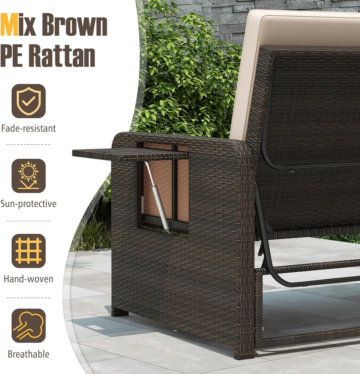S AFSTAR Outdoor Daybed with Storage Ottoman, Wicker Chaise Lounge Chair with Cushions, Adjustable Backrest & 2 Retractable Trays, Patio Rattan Daybed Loveseat Sofa for Poolside Backyard