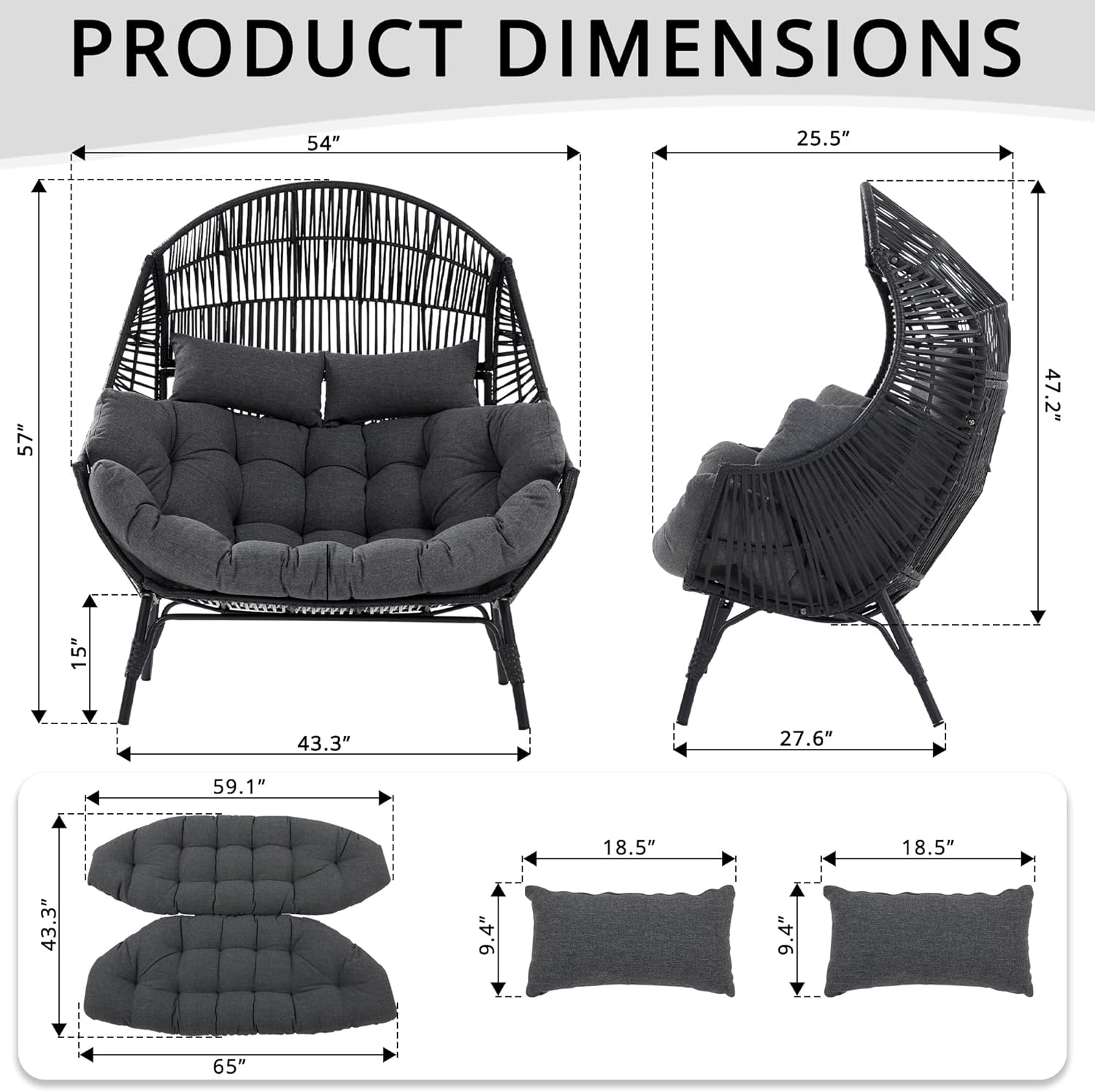 IRONCK Double Egg Chair Outdoor, 2 Person Wicker Lounge Chair, Oversized Thickened Padded Cushions and Headrests, 680 Lbs Egg Loveseat for Indoor, Patio, Living Room, Porch, Balcony, Dark Grey
