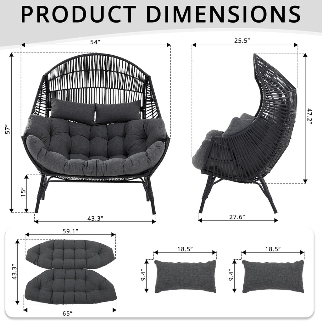IRONCK Double Egg Chair Outdoor, 2 Person Wicker Lounge Chair, Oversized Thickened Padded Cushions and Headrests, 680 Lbs Egg Loveseat for Indoor, Patio, Living Room, Porch, Balcony, Dark Grey