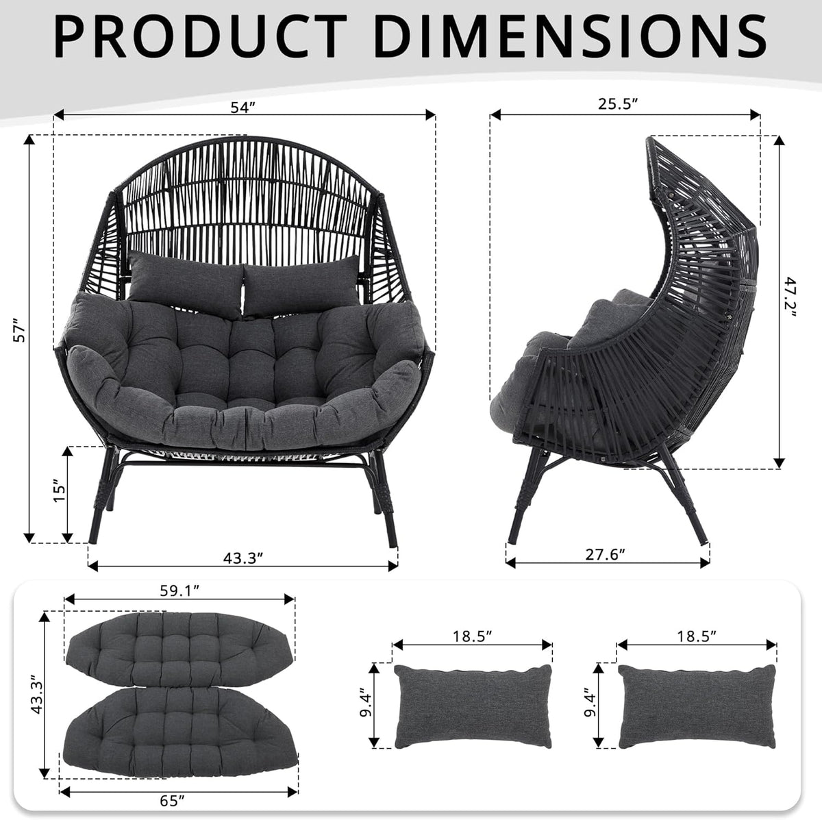 IRONCK Double Egg Chair Outdoor, 2 Person Wicker Lounge Chair, Oversized Thickened Padded Cushions and Headrests, 680 Lbs Egg Loveseat for Indoor, Patio, Living Room, Porch, Balcony, Dark Grey