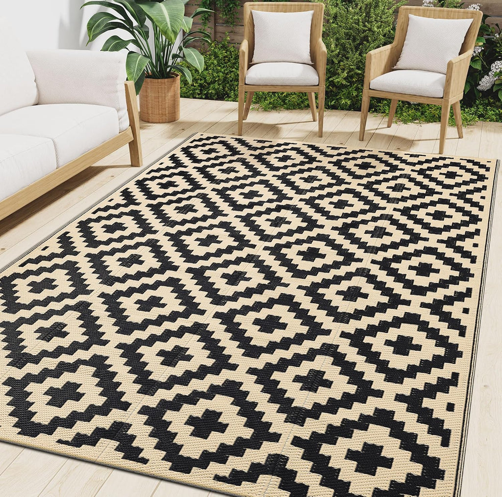 Smiry Waterproof Outdoor Rug 9x12 ft, Reversible Plastic Straw Patio Camping Rugs, Outdoor Indoor RV Mat Carpet for Patio, Outside Entry, Backyard, Deck, Bench, Picnic, Camper, Black & Beige
