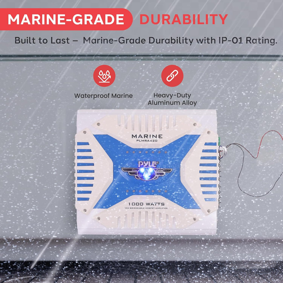Pyle Hydra Marine Amplifier - Upgraded Elite Series 1000 Watt 4 Channel Bridgeable Amp Tri-Mode Configurable, Waterproof, MOSFET Power Supply, GAIN Level Controls and RCA Stereo Input - PLMRA420