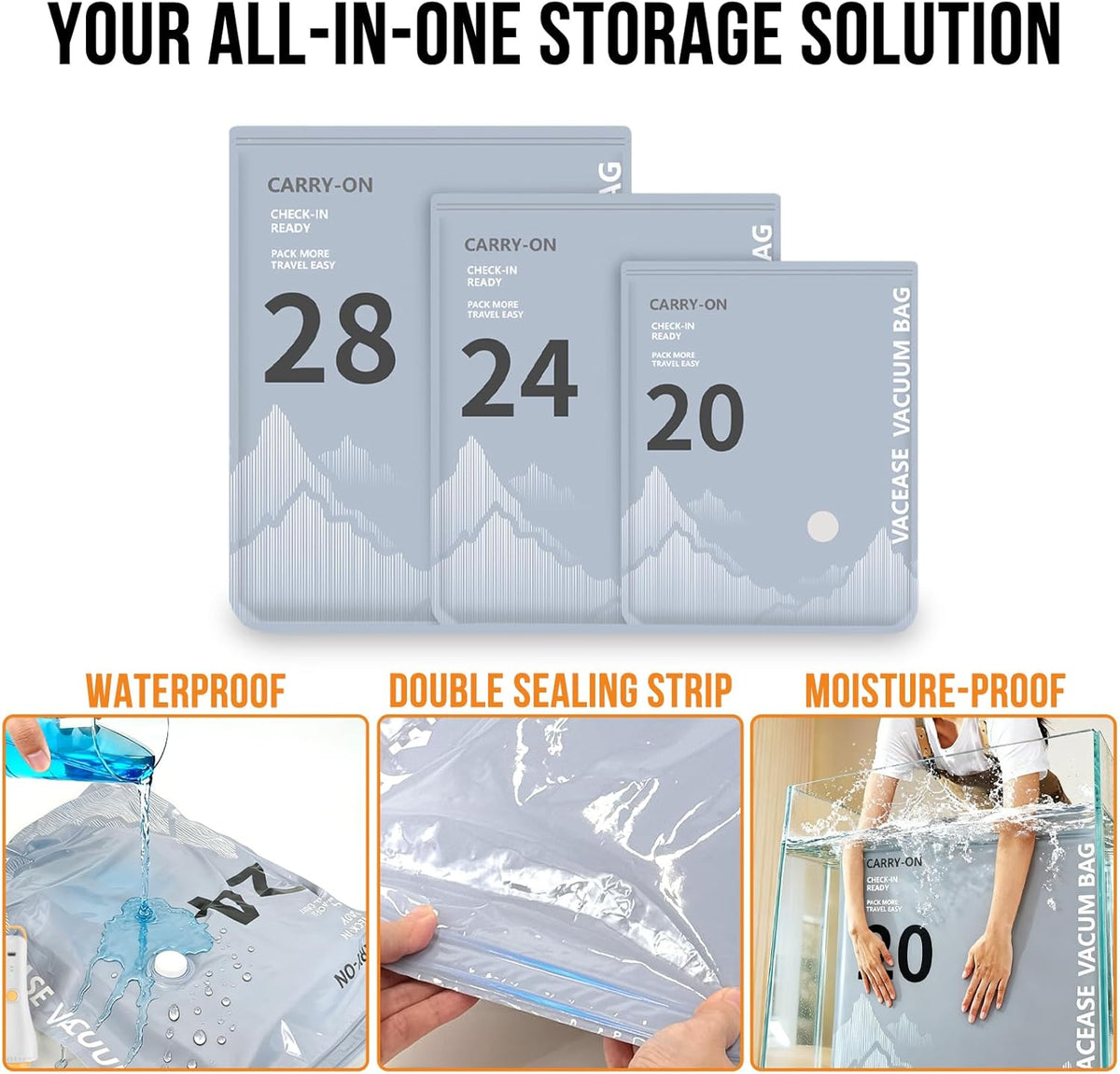 10Pack Travel Vacuum Storage Bags with Rechargeable Wireless Electric Pump, 3 Sizes (20/24/28 Inch) Space Saver Seal Bags for Luggage Suitcase, Carry-on Size for Clothes Travel Essentials Luggage