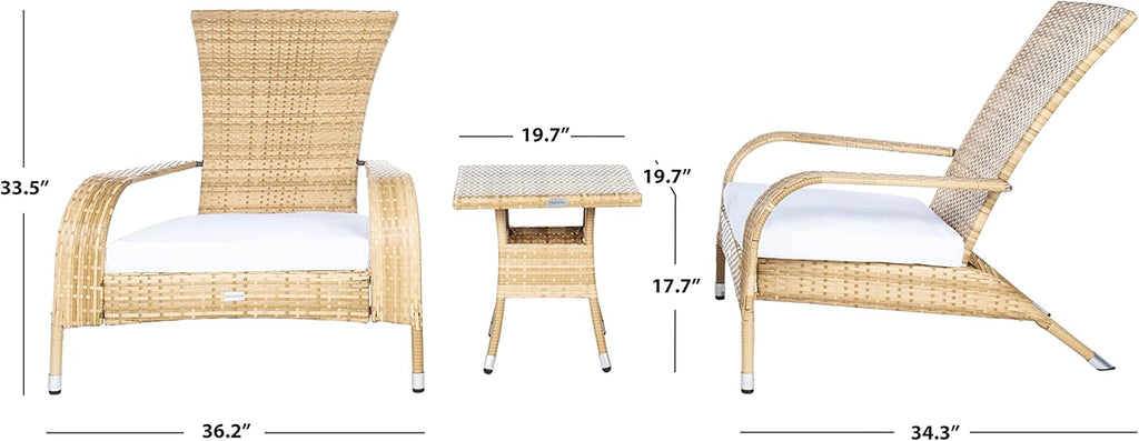 SAFAVIEH Outdoor - Edna 3-Piece Lounge Set - Natural & White - Steel Frame & Faux Rattan with Cushion - Wingback Tropical French Design - Ideal for Patio, Deck, Porch, Backyard (PAT7719D)