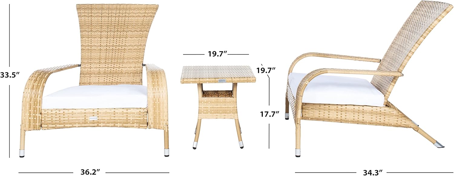 SAFAVIEH Outdoor - Edna 3-Piece Lounge Set - Natural & White - Steel Frame & Faux Rattan with Cushion - Wingback Tropical French Design - Ideal for Patio, Deck, Porch, Backyard (PAT7719D)