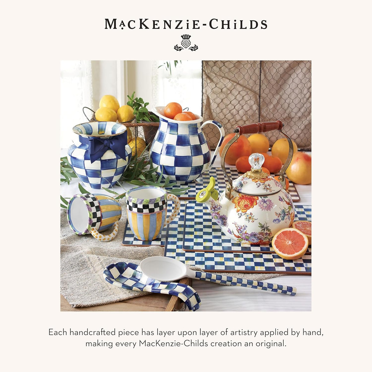 MACKENZIE-CHILDS Set of 4 Cork-Back Placemats, Hard-Finish Table Mats, Blue-and-White Royal Check