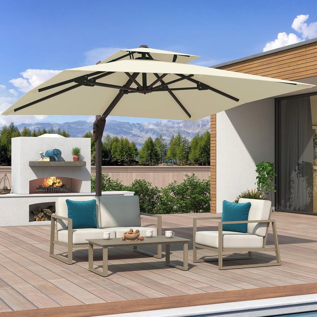 10x10 FT Cantilever Patio Umbrella Double Top Outdoor Square Large Heavy Duty Aluminum Offset Umbrellas with 7 Level Tilt 360-degree Rotation for Pool Garden Deck, Beige