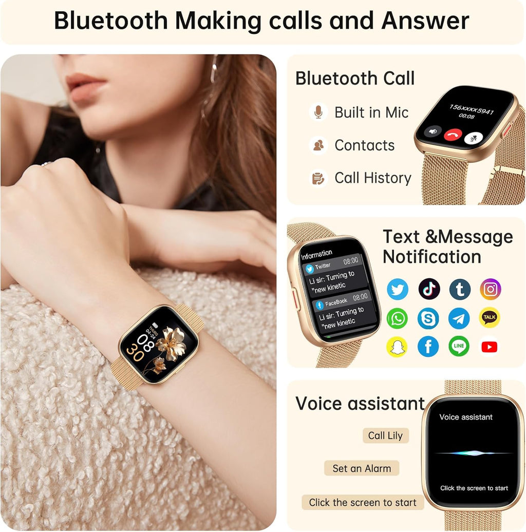 Smart Watches for Women, 1.91" HD Fitness Tracker (Answer/Make Calls), IP68 Waterproof, 120+ Sport Modes with Heart Rate and Sleep Monitor, Fitness Watch for iPhone/Android