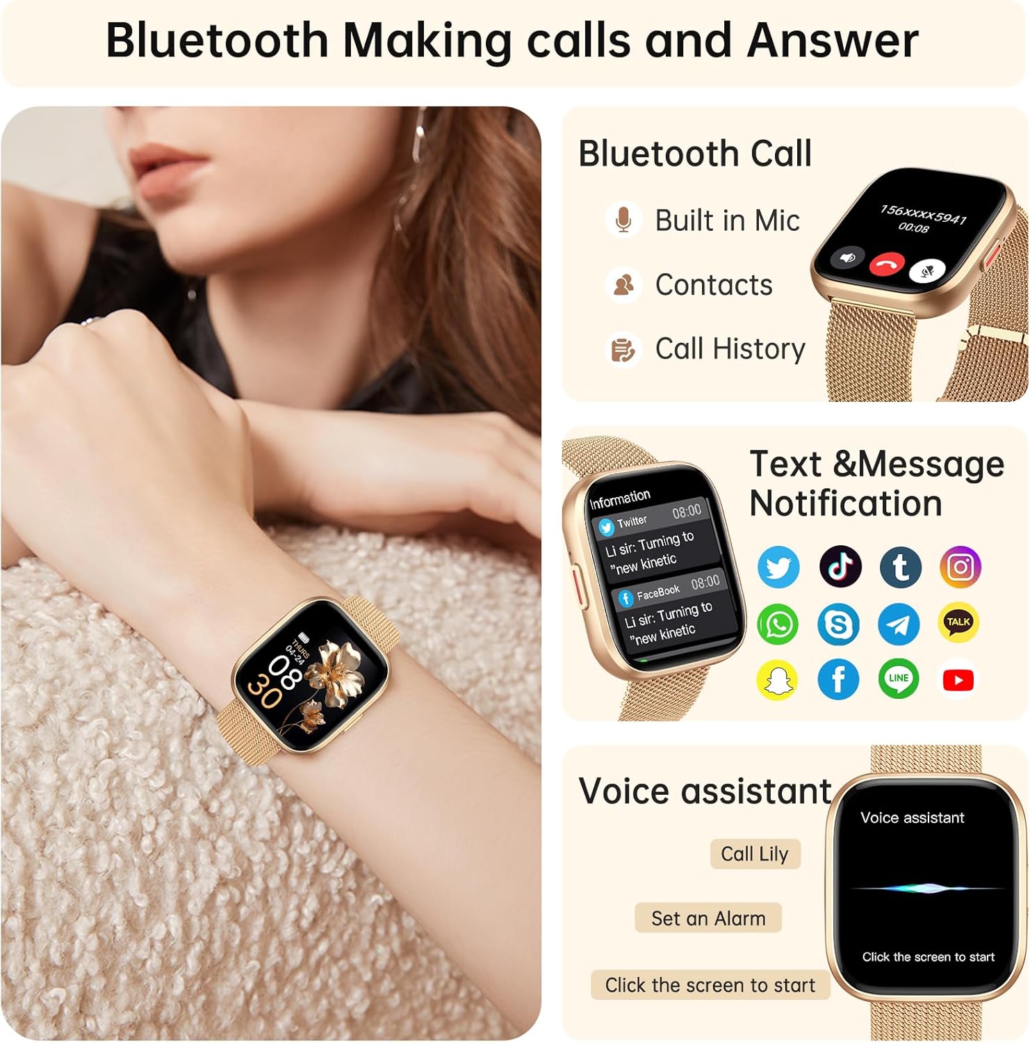 Smart Watches for Women, 1.91" HD Fitness Tracker (Answer/Make Calls), IP68 Waterproof, 120+ Sport Modes with Heart Rate and Sleep Monitor, Fitness Watch for iPhone/Android