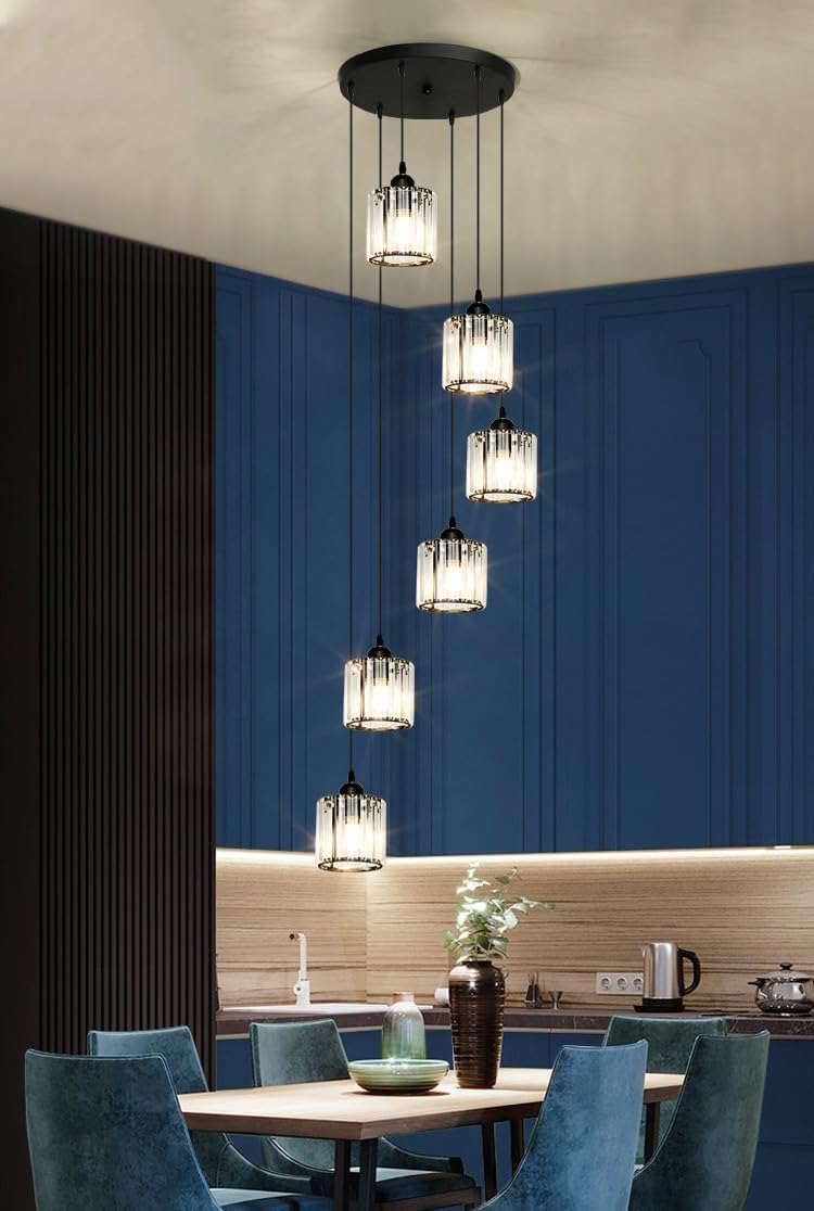 Long Chandeliers for High Ceilings,Modern Crystal Pendant Light,Raindrop Drop Lamp,Hanging Flush Mount Lighting Fixtures for Spiral Staircase,Foyer,Entryway,Living Room,Black (6 Lights)