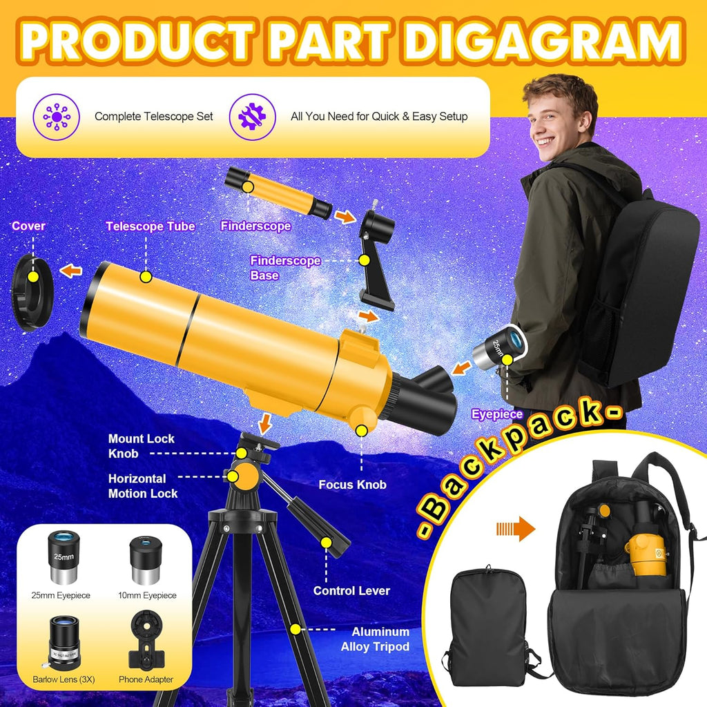 MEEZAA Telescope for Adults & Kids, 80mm Aperture 500mm Portable Refractor Telescope for Astronomy Beginners, Professional Travel Astronomical Telescopes with Tripod, Stickers, Phone Adapter, Backpack