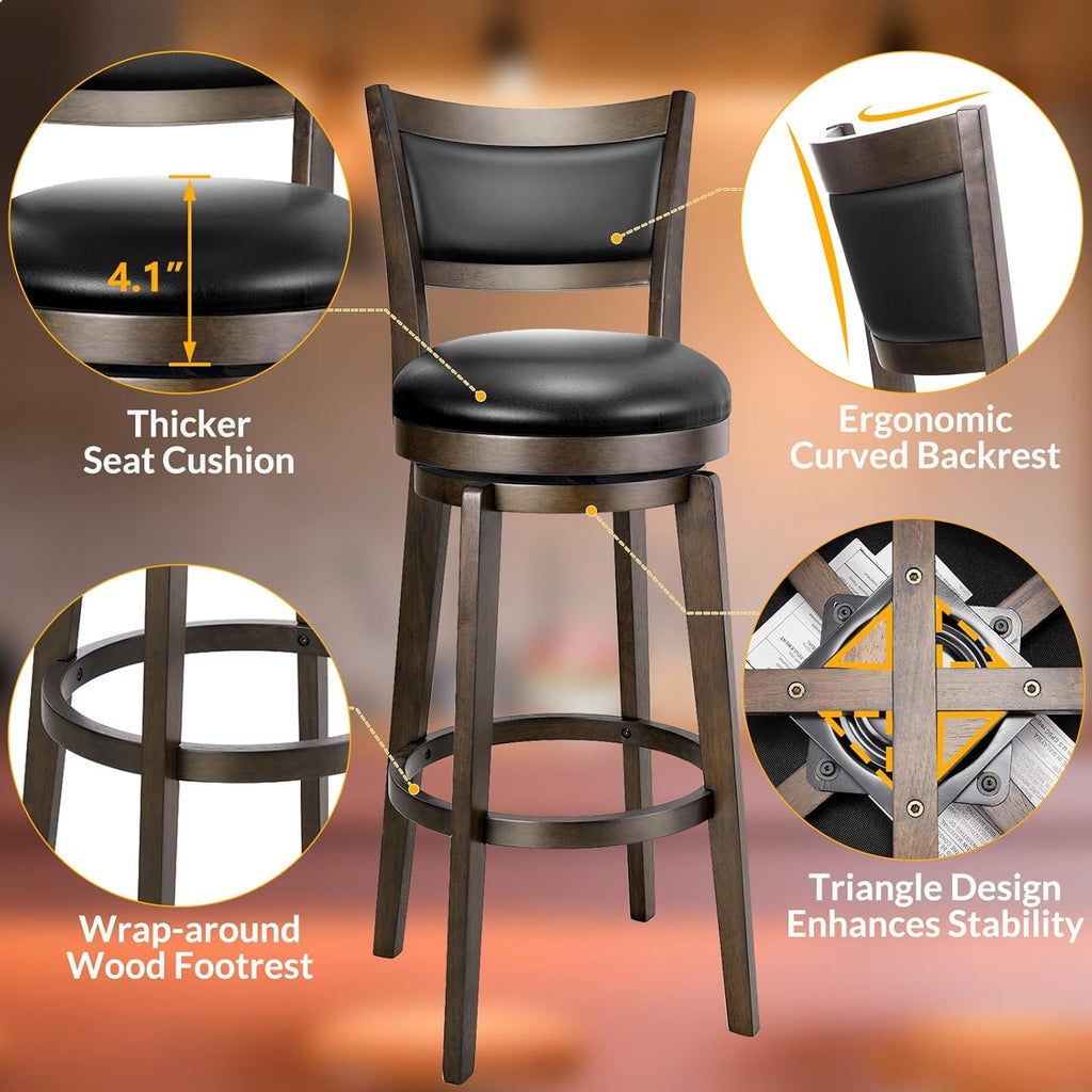 PrimeZone Swivel Bar Stools Set of 2, 32 Inch Tall Bar Height Barstools, Black Faux Leather Bar Stool with High Backrest & Solid Wood Legs & Wrap-Around Footrest, Counter Stools for Pub
