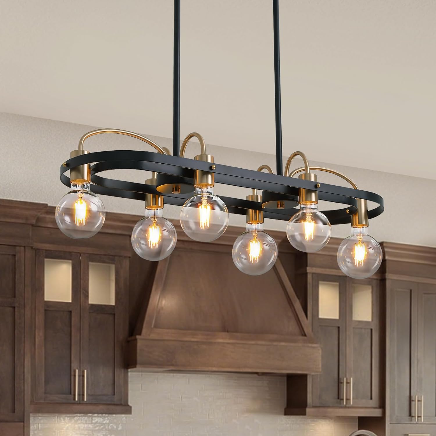 6 Lights Rectangular Chandelier, Black and Gold Linear Chandelier Rectangle Pendant Light Fixture, Modern Chandeliers for Kitchen Island Dining Room Over Table L-30''