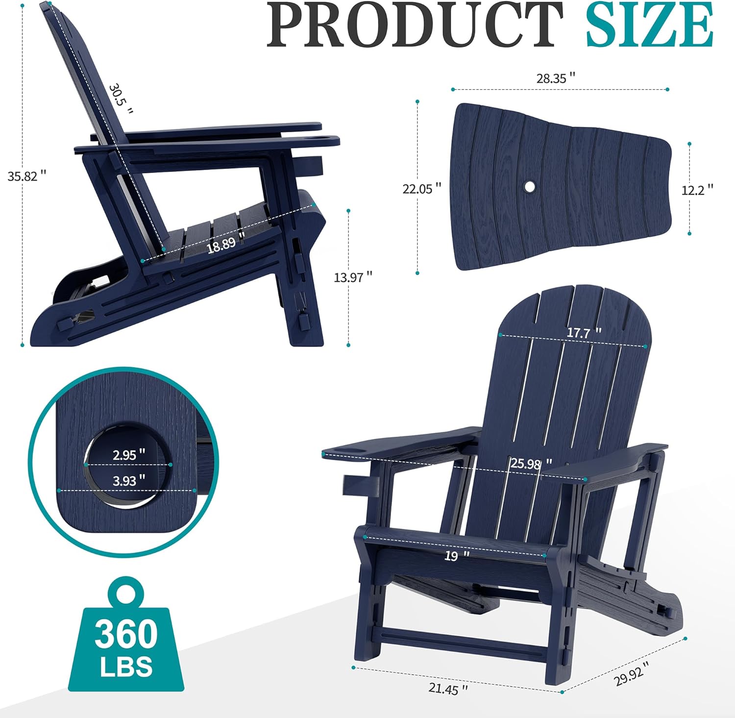 JY QAQA Outdoor Adirondack Chair Set of 2, All-Weather HDPE Patio Furniture with Detachable Table, Wood Texture & Cup Holder for Patio, Poolside, Garden, Dark Blue