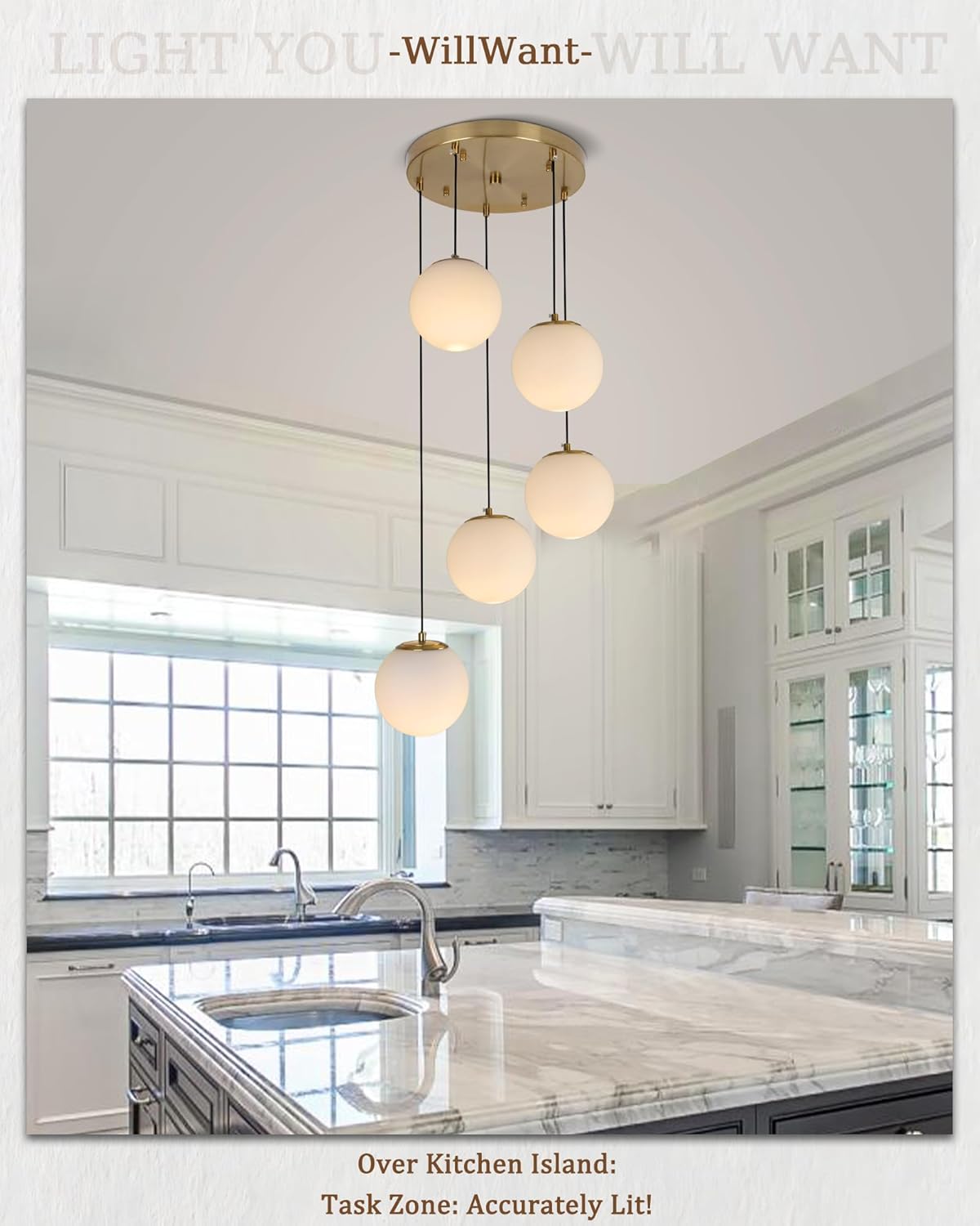 5-Light Globe Chandelier Cluster Pendant Lights, Mid Century Brushed Brass Gold Chandelier with Milk Glass Shade, Adjustable Hanging Cord Ceiling Light for Living Dining Room Staircase