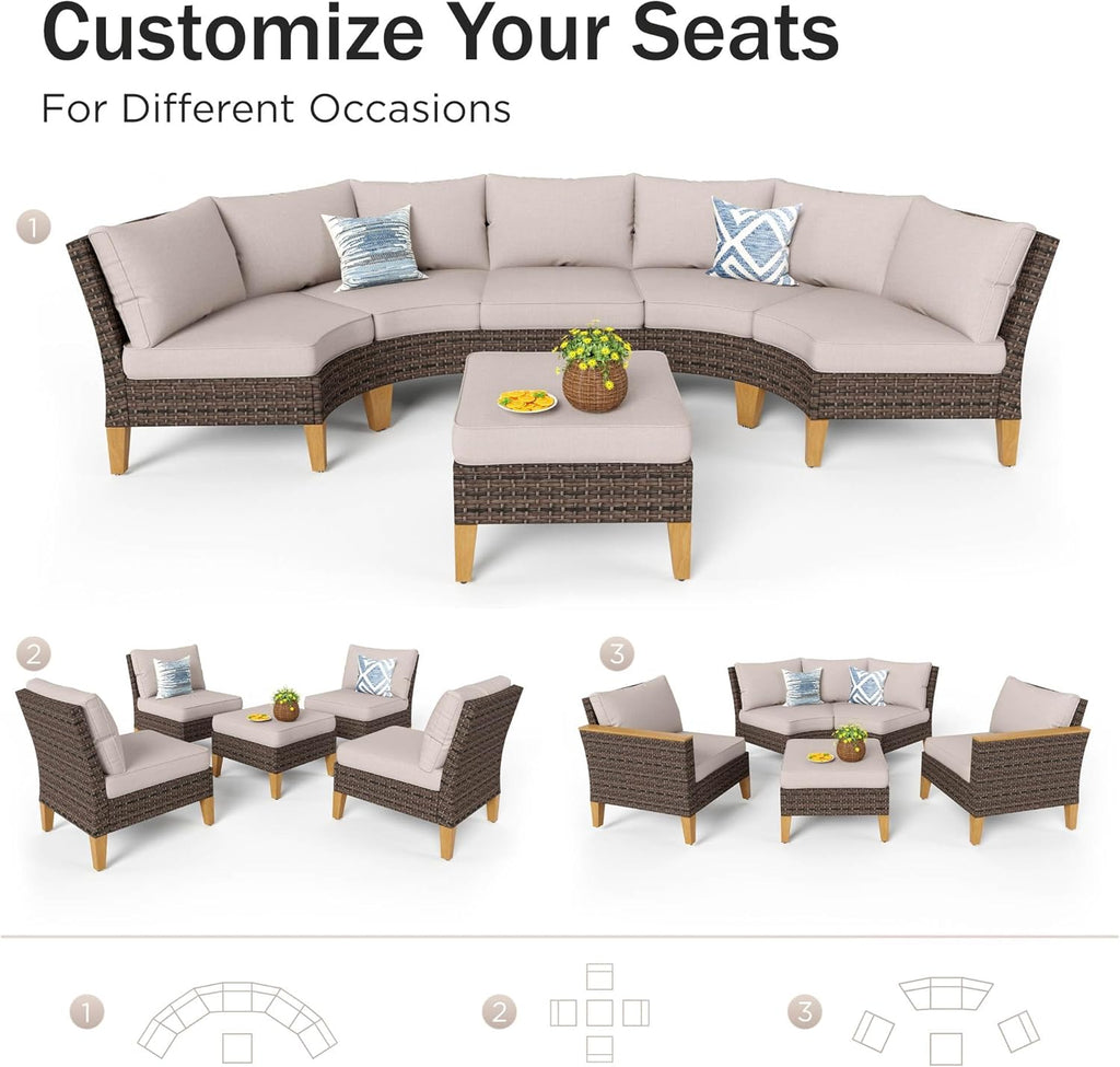PHI VILLA 3-Piece Wicker Patio Furniture Set, Outdoor Curved Sectional Sofa Conversation Set with Cushions, Half-Moon Modular Couch for Garden, Deck, Backyard, Beige